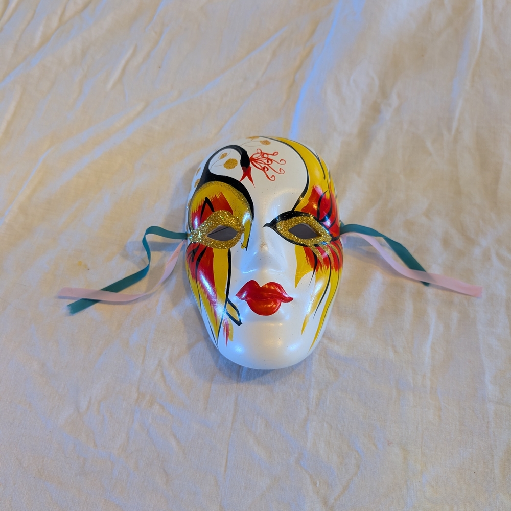 2/16$ Vintage White Ceramic Mask with Red and Yellow Accents